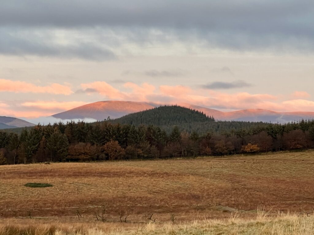 Winter sunset over Cairnsmore of Fleet, with soft light across the hills and frosty fields in Dumfries & Galloway.