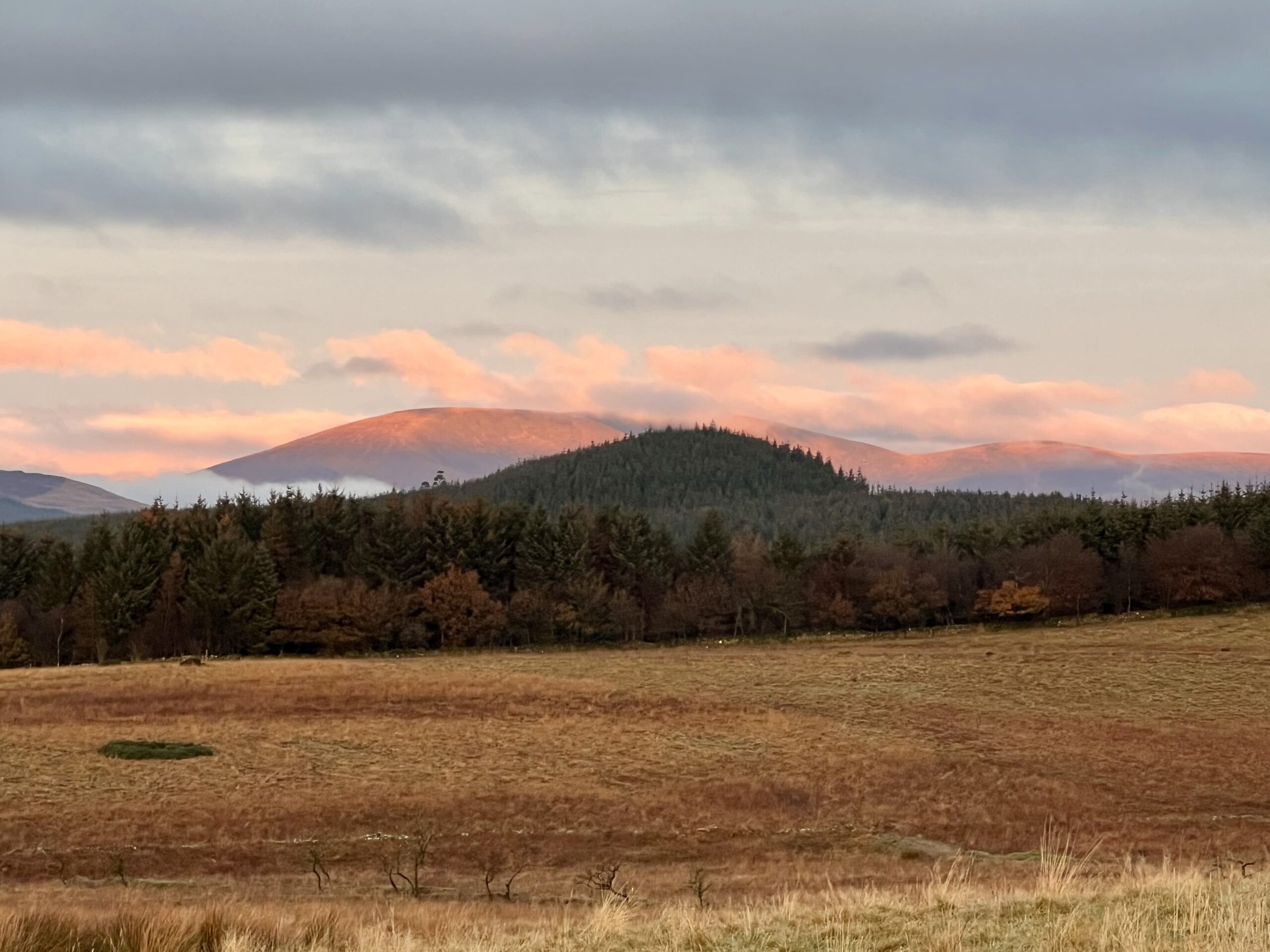 Winter sunset over Cairnsmore of Fleet, with soft light across the hills and frosty fields in Dumfries & Galloway.