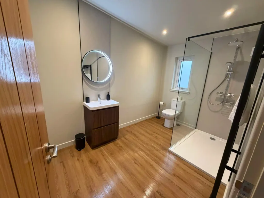 Modern bathroom with walk-in shower inside a luxury lodge in Dumfries and Galloway