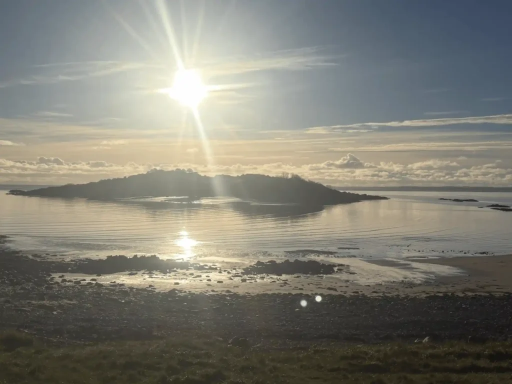 Carrick Island seen from Miller’s Hill in winter, around three miles away across the landscape