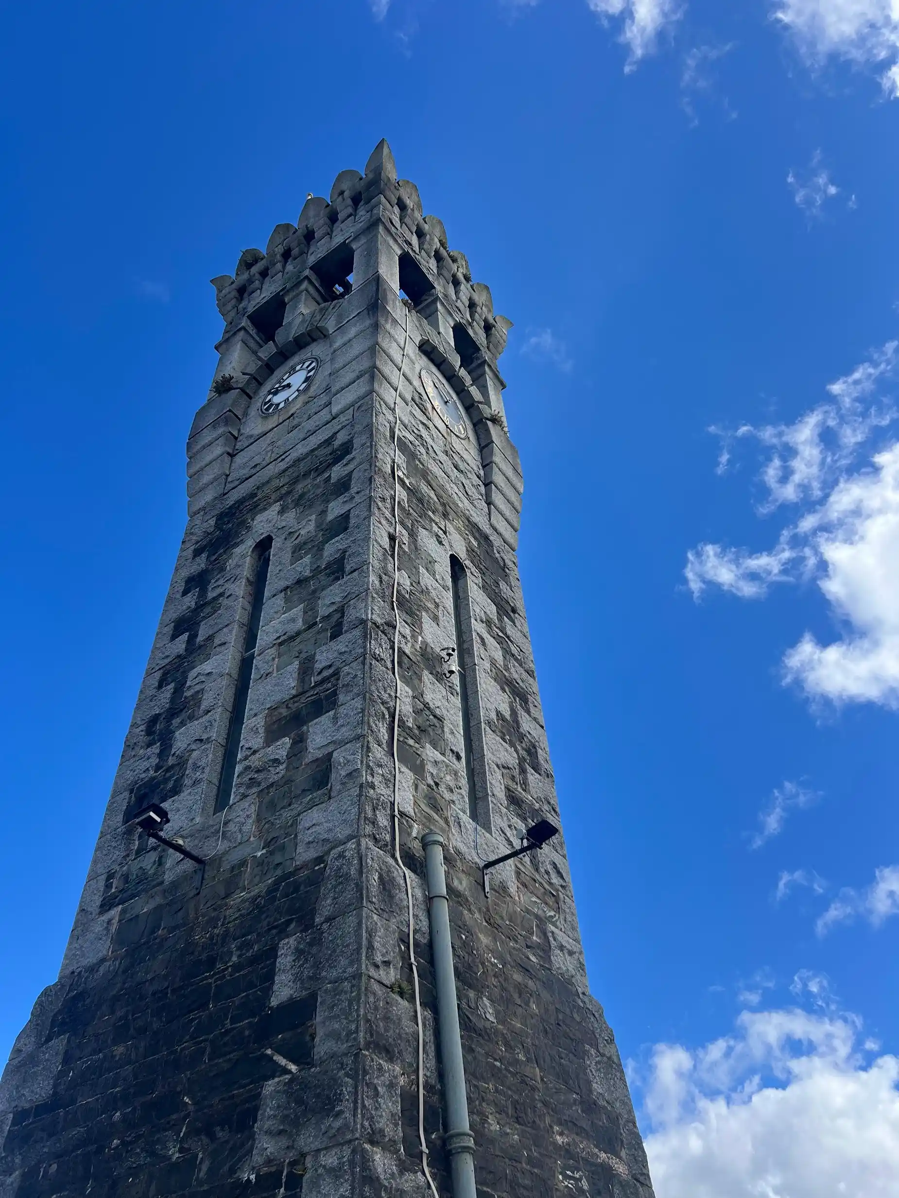 The clock tower in Gatehouse of Fleet — the landmark at the end of the walk from the lodges