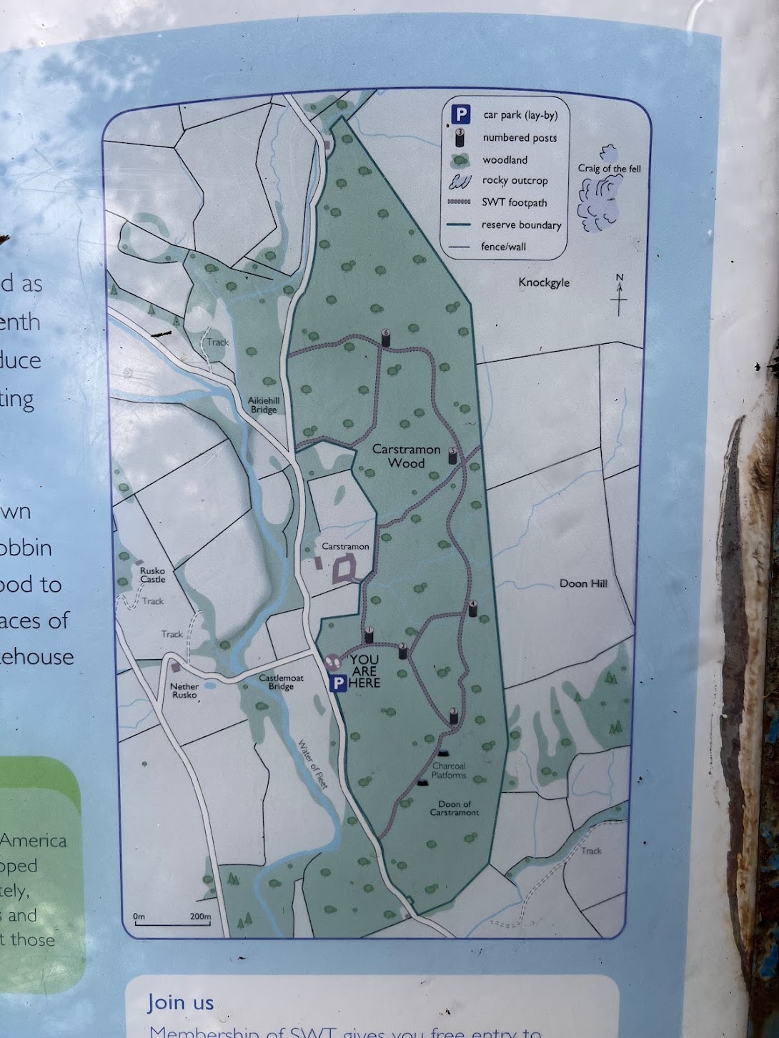 Trail map of Carstramon Wood showing numbered posts and footpaths, Scottish Wildlife Trust