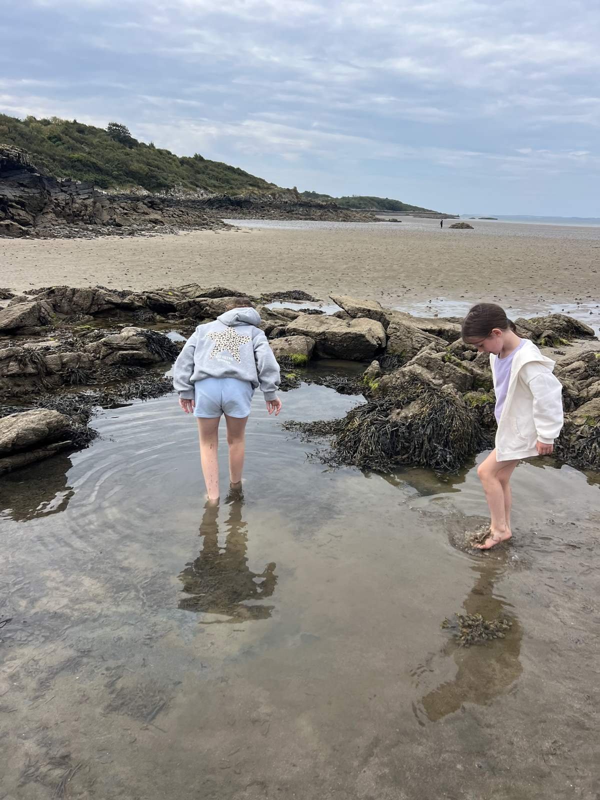 Edie and Hattie looking for fish in the rock pools at Carrick Bay