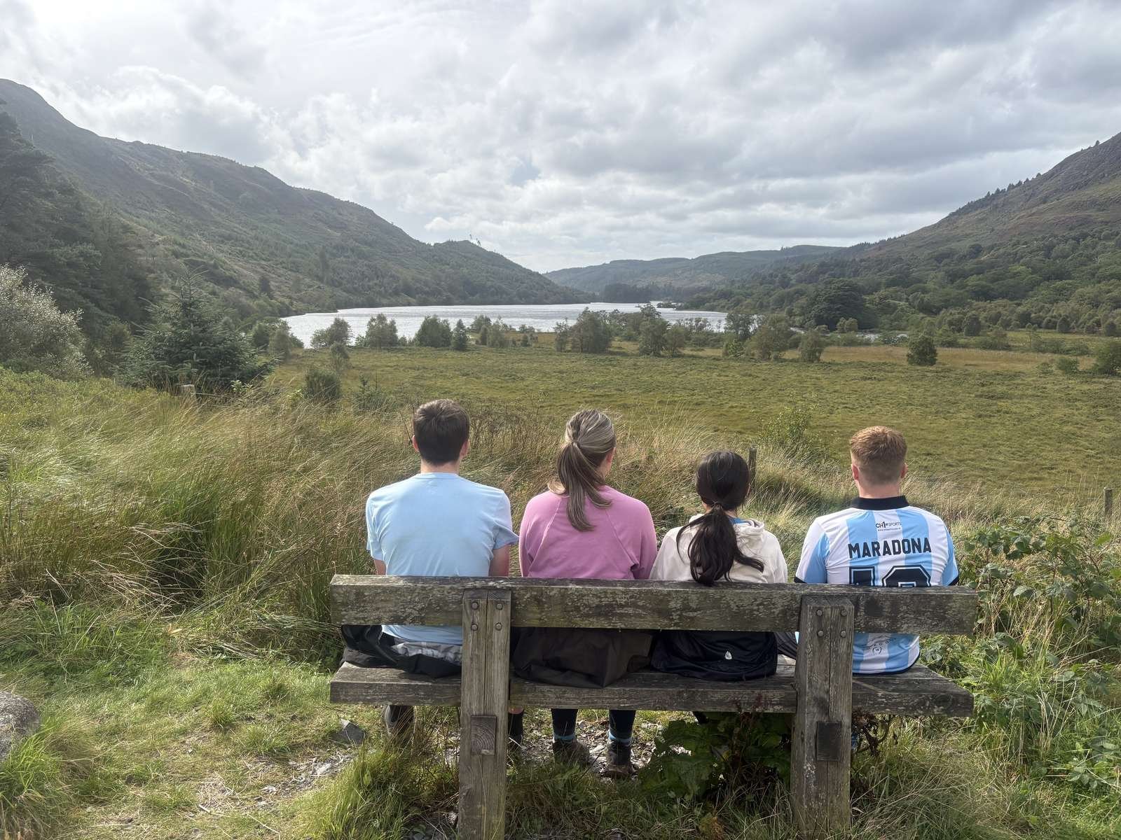 Resting on the bench halfway round the Loch Trool walk